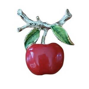 Gerrys Vintage Red Enamel Apple Brooch Gold Tone Branch Teacher Gift Pin